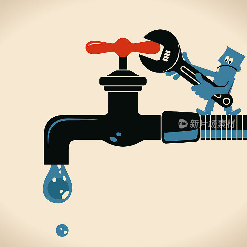 Blue man turning on or turning off (Tighten) the tap with open end wrench (Water Resource Management)